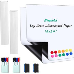 Eunika 2 Pack Magnetic Dry Erase Whiteboard Papers,18" x 24" Self Adhesive Whiteboard Contact Paper for Wall,Peel Stick Wall Paper w 8 Markers 2 Erasers 12 Magnets for Kids,Office,Playroom,Classroom