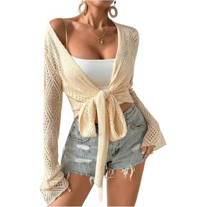 SHENHE Women's Hollow Out Cover Ups Tie Front Kimono Flare Sleeve Sheer Cardigan Beachwear
