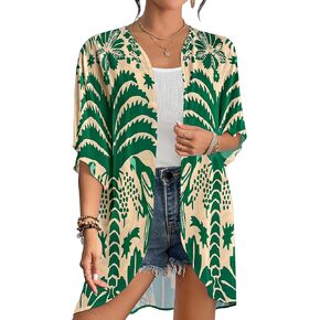 Bsubseach Women’s Kimono Swimsuit Coverup Boho Floral Print Cardigan Half Sleeve Beach Bathing Suit Cover Up Loose Tops