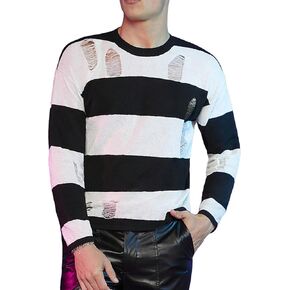 WDIRARA Men's Round Neck Long Sleeve Stipped 3 Tone Ripped Drop Shoulder Sweater