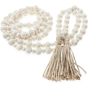 119in Wood Beads Garland Farmhouse Rustic Country Prayer Beads Boho with Tassels Big Wall Hanging Decor