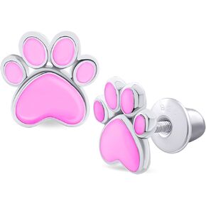 925 Sterling Silver Crystal/Enamel Paw Print Screw Back Stud Earrings Hypoallergenic Rhodium (Heart Stone Pink)
