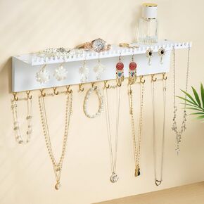 Necklace Holder Wall Jewelry Organizer: Wall Mount Adhesive Shelf with 13 Hooks and 38 Slots, Hanging Storage for Necklaces, Bracelet, Gold and White