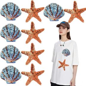 10 PCS Ocean Sequin Iron on Patches Cute Cartoon Starfish Shell Applique Shiny Embroidery Patch for Clothing, Bags, Jackets, Jeans DIY Earrings Accessory Craft Valentine Christmas Decoration