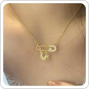 Safety Pin Necklace for Women Sparkling Crystal Dainty 18K Gold Plated Necklace Simple Safety Pin Pendant Link Chain Necklace Trendy Cute Gold Necklaces Jewelry