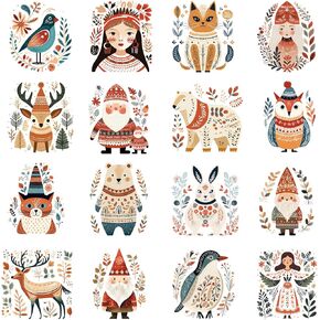 Rub on Transfers for Crafts,16 Sheets 3 x 3 Inch Watercolour Scandinavian Folk Art Transfer Stickers for DIY Mug Thermos Cup(Winter)
