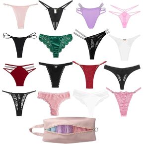 Variety Pack Thongs for Women Sexy T-Back G-String Thong Panties, Assorted Lace Cheeky Hispter Briefs with Storage Bag