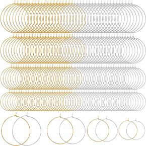 280pcs Hypoallergenic Earring Beading Hoops, 20mm 25mm 30mm 35mm Round Hoop Earrings Findings, Open Earring Wire Ring Accessories for Jewelry Making- Silver & Gold