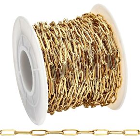 Akamino 33 Feet Stainless Steel Paperclip Chains Roll, 18K Gold PVD Plated Necklace Bracelet Chain 3mm Wide, Twisted Links Chains Roll Spool Bulk for Jewelry Making
