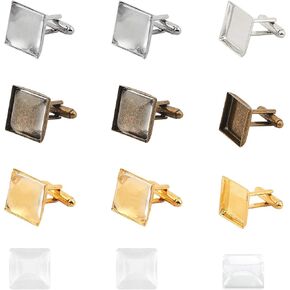 PH PandaHall 24 pcs 3 Colors Brass Cufflink Cuff Button Pads 16mm Square Tray Bezel Cufflink Blanks with Clear Cabochons for Shirt Cloth Accessories