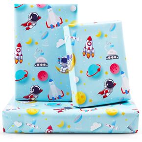 Outer Space Wrapping Paper for Boys Girls Kids, Astronauts Rockets Moon Planets Pattern Space Galaxy Wrapping Paper 6 Sheets Folded Flat 20x28 inches per Sheet for Space Theme Birthday Baby Shower
