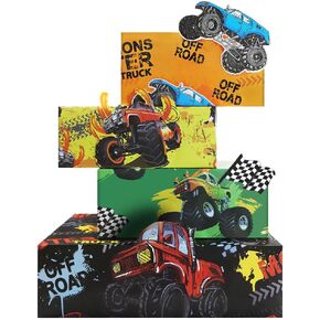 Monster Truck Wrapping Paper for Boys Kids Girls, Off Road Vehicles Racing Car Gift Wrap 8 Sheets Folded Flat 20x28 inches for Birthday Baby Shower Holiday