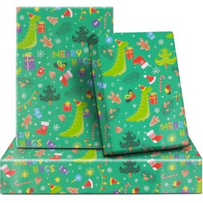 NEPOG Dinosaur Wearing Santa Hats Christmas Wrapping Paper, 6 Sheets Folded Flat 20x28 inches per sheet, Christmas Dinosaur Gift Wrap for Kids Girls Boys Men Women Xmas Decorative Paper and Birthday