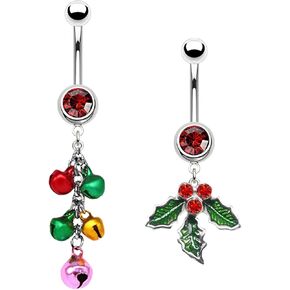 316L 2 PCS Christmas Dangle Mistletoe Belly Button Rings 14G Stainless Steel Jingling Bell Belly Navel Rings for Women Belly Piercing Jewelry