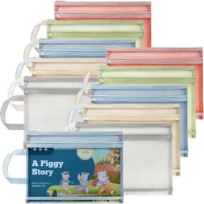 Goaste 10 Pack Mesh Zipper Pouch Bags, Double-Layer Nylon Mesh Bags with Handle, Portable Puzzle Building Block Sets Toy Storage Bags, Colored A4 Document Storage Organizer for School Office Games