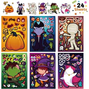24 Pcs Halloween Party Favor Stickers for Kids - Make Your Own Halloween Stickers, Halloween Craft Character Mix and Match Face Stickers for Decorations, Trick or Treat Halloween Party Supplies