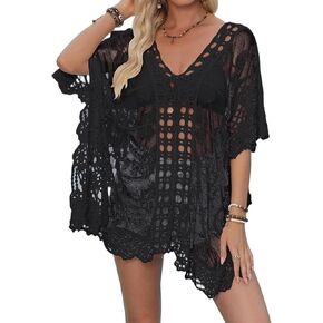 Bsubseach Lace Swimsuit Coverup for Womens Mesh Beach Cover Up Batwing Sleeve Bathing Suit Cover Ups Dress Hollow Out Top