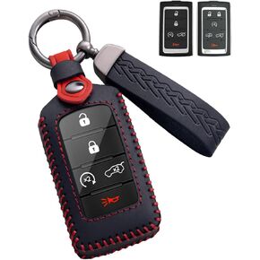 for Jeep Key Fob Cover Leather Car Key Case Protector keychain Smart Key Fob Holder Compatible for 2021-2024 Jeep Grand Cherokee L Grand Wagoneer (Blue)