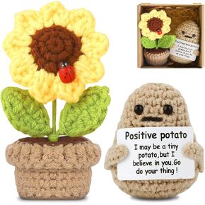 Positive Mini Potato Funny Gifts, 2PCS Emotional Support Potatoes Sunflower Pot Desk Decoration Crochet Birthday Gifts for Women Men Mom Dad Friend Gifts for Anniversary Mothers Day (Potato&Sunflower)