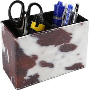 Western Cow Pen Holder: PU Leather Pencil Cup, 5.9x2.8x4.3'' Longhorn White Cowhide with Black And Brown Spots Pen Organizer, Makeup Brush Holder for Table Desk Office Space-Saving (2 Compartments)