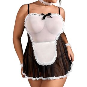 Hilinker Womens Plus Size Sexy Maid Costume Set 5 Piece Lace Lingerie Dress Cosplay Outfits