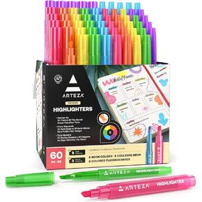 ARTEZA Highlighters Assorted Colors, Bulk Set of 60, Neon, Wide and Narrow Chisel Tip Markers, Office and School Supplies for Teachers, Students