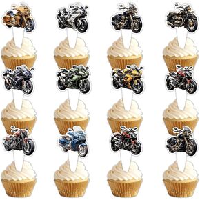 Motorcycle Dessert Cupcake Topper Cheer to Rider Racing Sport Party Theme Decor Supplies Men Women Boys Girls Happy Birthday Party Decorations set 24pcs
