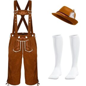 QZYL Lederhosen Men, Oktoberfest Costume Set, Traditional Bavarian Lederhosen Hat Socks Outfit for Men Oktoberfest Party