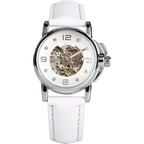 SENRUD Luxury Women Automatic Watch Ladies White Leather Waterproof Automatic Mechanical Skeleton Watch