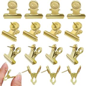 30 Pcs Metal Push Pin Clips Thumb Tacks Clips Bulldog Clips with Thumb Tacks Gold Heavy Duty Clips with Pins for Cork Board Decorations Paper Picture Crafts Calendars Artworks for School Office