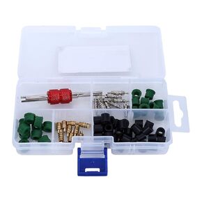ASHATA 71Pcs AC Air Condition Repair Kit Repair Tool, AC Schrader Valve Kit with Removal and Install Tool, 10pcs Valve Cores+50pcs Hose Gaskets+10pc Valves+1pcs Valve Core Tool