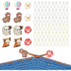 NBEADS 12 Pcs Animal Knitting Needle Stoppers with 60 Pcs Safety Pins, Sheep/Hot Air Balloon/Sloth/Alpaca Needle Point Protectors Pear Shape Knitting Pins for Knitting Crocheting Sewing