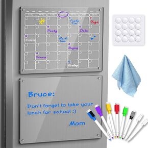 Acrylic Magnetic Dry Erase Calendar Board for Fridge, 16''x12'' Monthly Calendar&Blank Dry Erase Board for Fridge, 90% Stronger-Magnetic Planner Also for Stainless Steel with 8 Markers