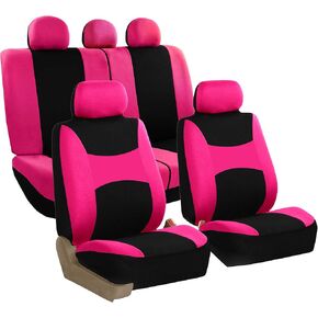 FH Group Automotive Car Seat Covers Breezy Flat Foam Padding Cloth Full Set Pink Seat Covers,Airbag and Split Rear Universal Fit Interior Accessories for Cars Trucks and SUV with Car Accessories