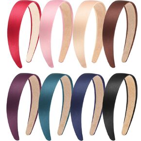 Blulu 8 Pcs 1 Inch Satin Headbands for Women Wide Ribbon Plain Hard Head Band for Halloween DIY Craft Hair Accessories(Multicolor)