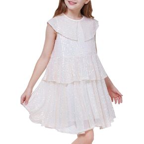 WULFUL Girls Sequin Dress Sparkly Party A-line Flutter Neckline Dual-Layer Holiday Prom Formal Dresses 5-12Y
