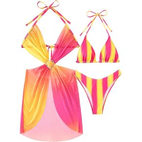 OYOANGLE Women's 3 Piece Bikini Set Colorblock Ruched Triangle Halter Tie Backless High Cut Swimsuit with Cover Ups