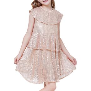 فستان WULFUL للفتيات مزين بالترتر للحفلات البراقة على شكل حرف a وخط عنق مرفرف بطبقة مزدوجة للعطلات والحفلات الراقصة الرسمية من 5 إلى 12 سنة in Kuwait