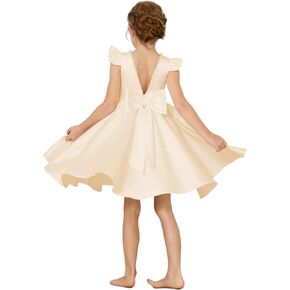 Summer Short Sleeve Glossy Satin O-Neck Flower Girls Dresses V Back Peal Beads Wedding Party Mini Dress with Bow