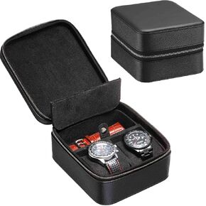 2 حقيبة سفر للساعة مع حجرة تخزين الملحقات، صندوق حمل لفافة ساعة من الجلد المحبب للرجال | سحاب حماية متين ومحمول يناسب جميع ساعات المعصم والساعات الذكية حتى 60 ملم (2+1BB) in Kuwait