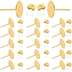 30 PCS of 18K Gold Plated DIY Earrings Posts Flat Pad Hypoallergenic Earring Posts and Backs Earring Studs Blanks for Jewelry Making Findings （8mm）