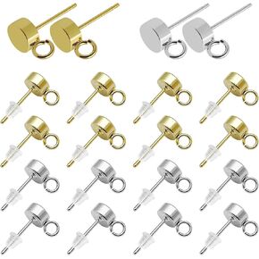 112pcs Hypoallergenic Stud Earrings Stud Earring Findings Flat Round Earring Posts with Loop Silicone Earring Backs for DIY Jewelry Dangle Earring Making (14K Gold Plated, Silver)