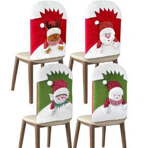 4 Pack Christmas Chair Covers, Soft Xmas Dining Back Chair Covers with Printing Santa Claus Snowman Reindeer for Home Kitchen Holiday Party Decor