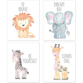 Nursery Wall Art Animal Paintings Set of 4, Safari Nursery Baby Kids Room Wall Prints, Baby Animal Portraits Lion Elephant Zebra Giraffe Nursery Art, Nursery Decor, Baby Kids Room, Wall Art, UNFRAMED