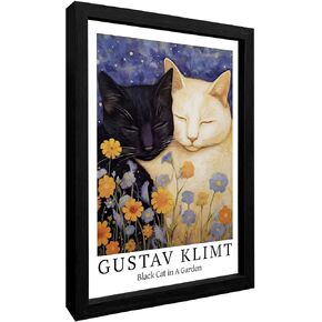 jenesaisquoi Frame Gustav Klimt Black Cat Wall Art Poster, Gustav Klimt Artwork Funny Cat Garden Painting Ready To Hang for Living Room, Bedroom, Office (8x10 inch)