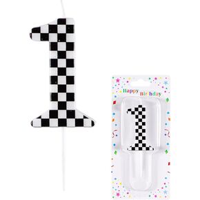 Racing Car 1st Birthday Candle, Black and White Stripes Number 1 Cake Candle Birthday Cake Topper for Racing Car 1st Birthday Party Decorations