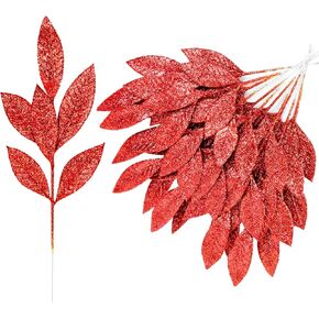 DERAYEE 12 Pcs Artificial Purple Glitter Leaf Spray Picks, 12 Inch Fake Floral Leaf Branches for Winter Christmas Tree DIY Wreath Vase Fillers Wedding Table Centerpieces Decorations