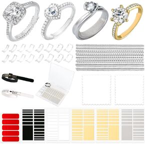 Ring Size Adjuster for Loose Rings, 119 Pcs Invisible Ring Guards Clear Ring Spacers EVA Sticker Tightener, 2 Ring Sizer Measuring Tools, 2 Polishing Cloth, Double-Sided Tape for Ring Snuggies