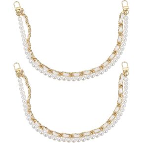 uxcell 2Pcs 17.7'' Pearl Purse Double Chain, Metal Purse Extender Chain, PU Leather Double Handle Wrist Chain, Purse Handbag Strap Replacement Chain (White, Gold Chain)
