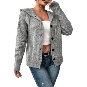 MakeMeChic Women's Button Down Hooded Drawstring Cardigan Sweater Long Sleeve Knit Outerwear